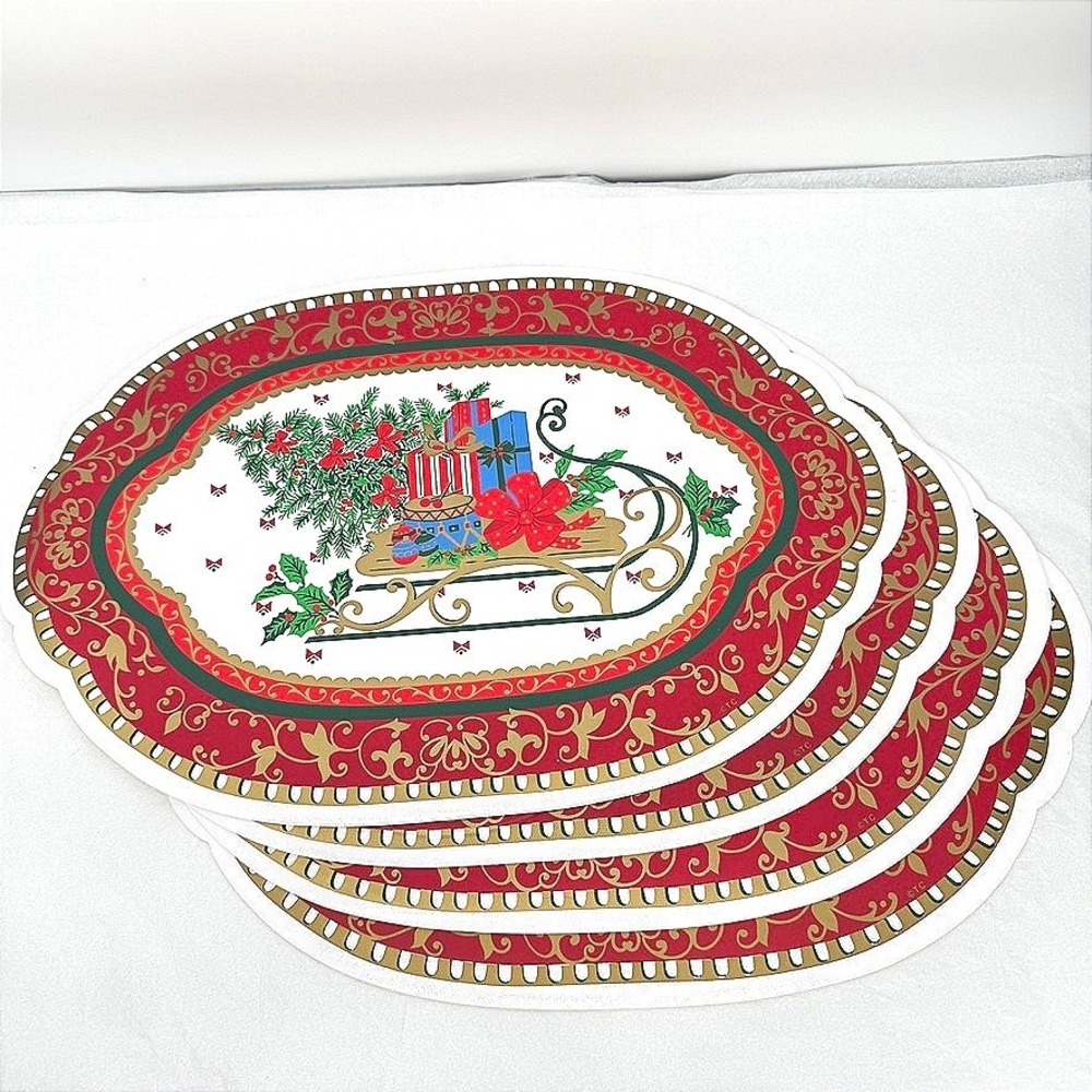 Christmas Placemats Vinyl Oval Sleigh Presents Holiday Dining Set of 4 Festive